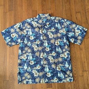 Vintage Men's Hawaiian Shirt by Campia Moda sz Large Blue Floral Hawaiian Shirt